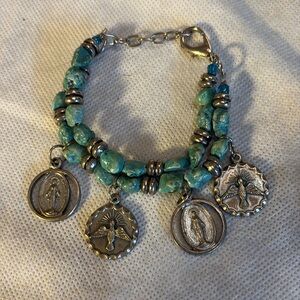 Saints Turquoise silver tone double row Inspirational Charms clasp Bracelet